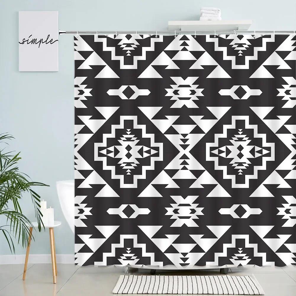 Creative Geometric Shower Curtains Retro Ethnic Style Design Pattern Print Modern Nordic Boho Bathroom Decor Bath Curtain Hooks