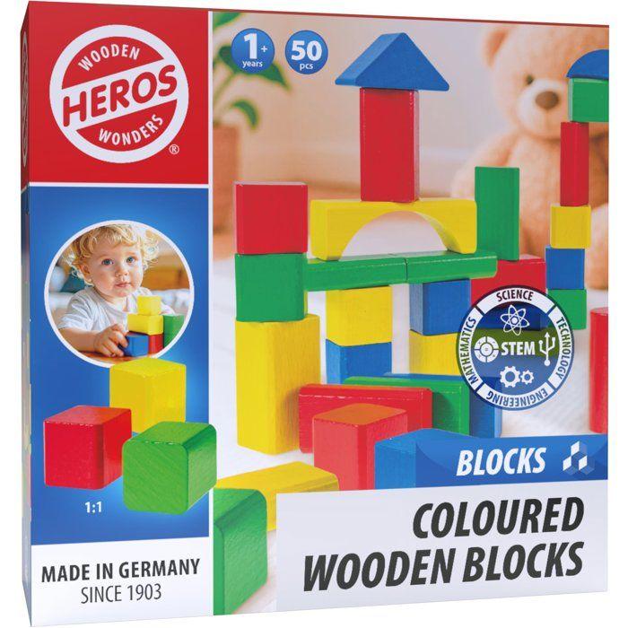 HEROS - Blocs de construction en bois 100 % certifié FSC - 50 pieces - Des 1 ans