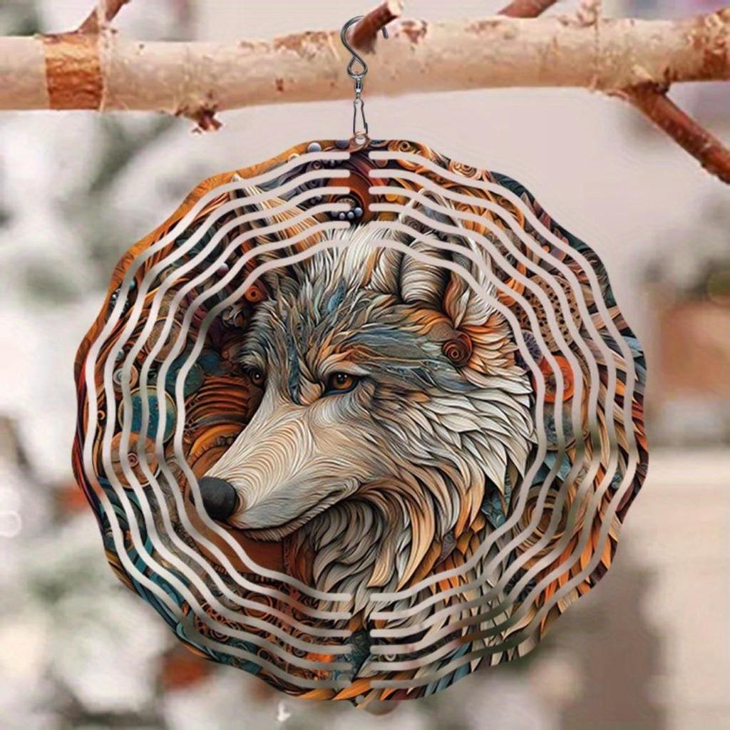 Open - 3D Mandala Wind Chime Beautiful Wolf King Pattern Dynamic Rotating Art Outdoor Decor