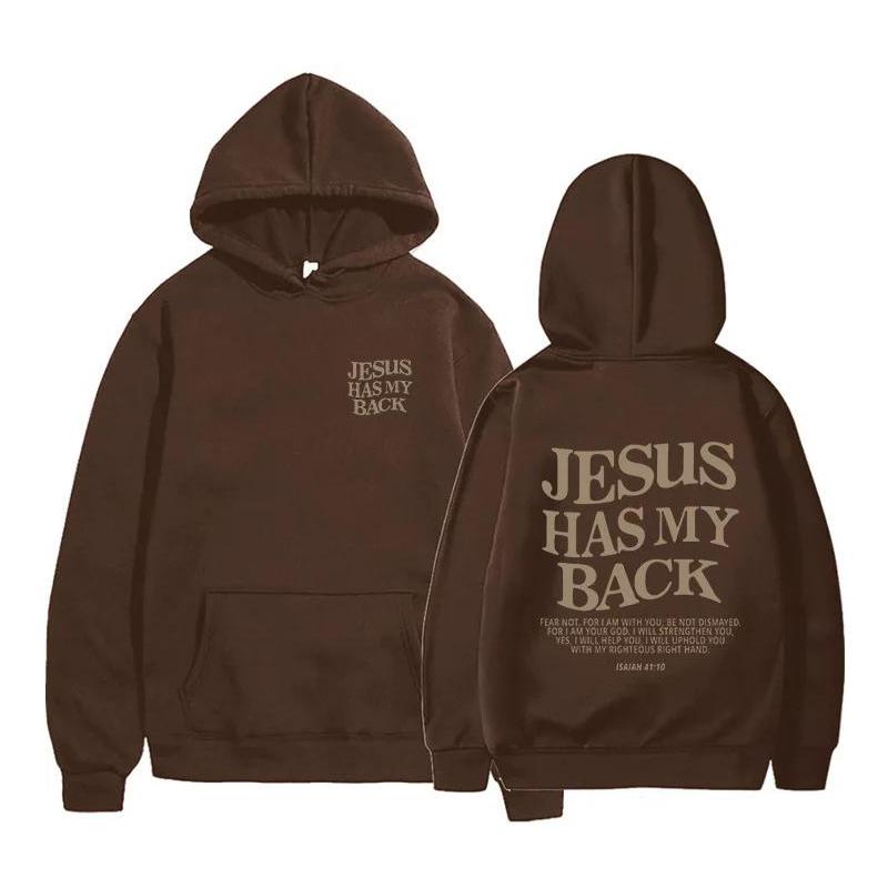 JESUS HAS MY BACK Velvet Hoodie Plain English Letter Slogan Print Kangaroo Pocket Drawstring Print Hoodie