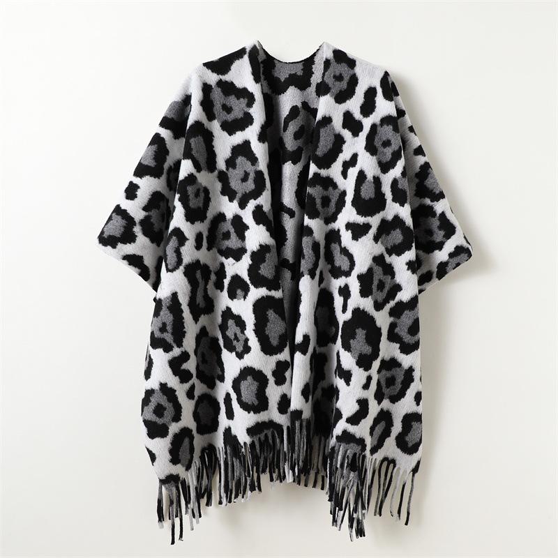 

Autumn And Winter Unisex Leopard Print Color Matching Double-Sided Shawl With Imitation Cashmere High-End Warm Fringed Scarf Cape 168cm