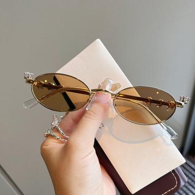 Lunettes de Soleil Forme Ovale Femmes Décoration Strass Protection Uv400 Lunettes de Soleil pour Femmes Style Campus Filles Verre