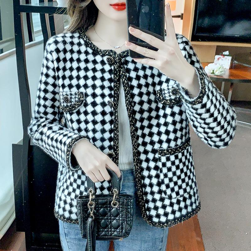 Checkered Autumn Fragrance Celebrity Style Coat for Women's Short Small Versatile Luxury and Elegant Style Thousand Bird Grid Red