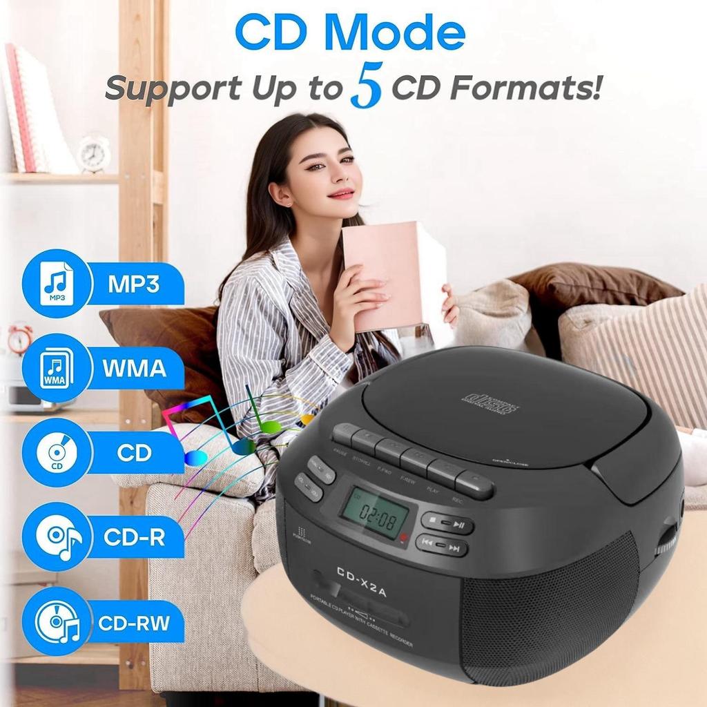Portable Bluetooth Cassette Radio & CD Player with USB, Recording, and A-B Repeat Functionality