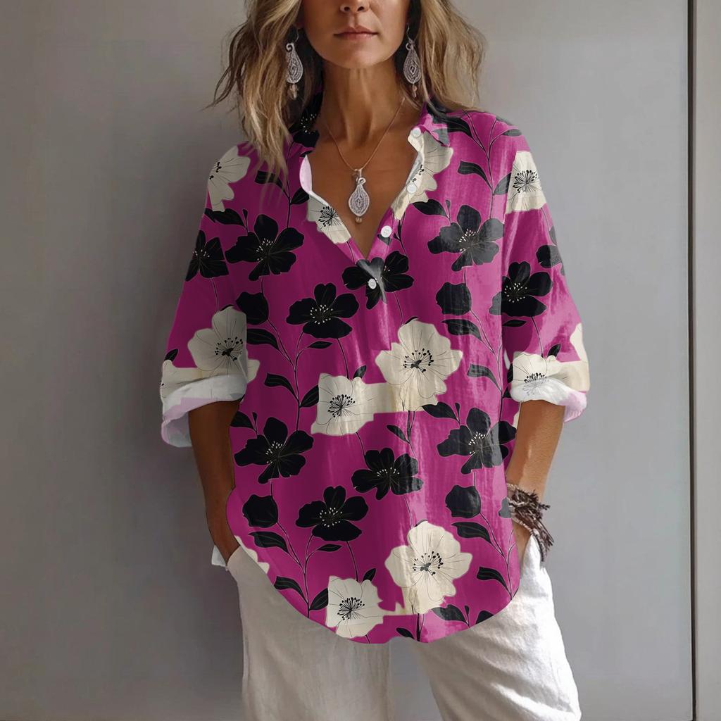 Chemise Pullover Décontractée à Revers et Manches Décontractées Imprimée Ample pour Femmes Printemps et Été