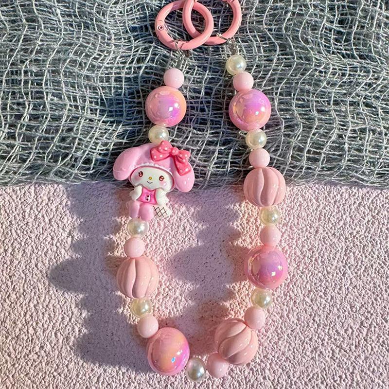 Sanrio Kuromi Beads Phone Chain Cinnamoroll Melody Keychain Sweet Girl Wrist Strap Bracelet Earphone Case Charm Bag Decor