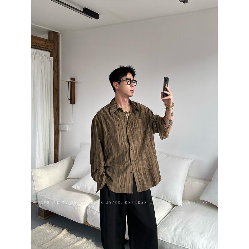 Men Striped Textured Long Sleeve Shirt Casual Loose Fit Breathable Spring Autumn Daily Shirt