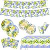 52pcs Summer Lemon Theme Retro Blue and White Porcelain Disposable Paper Plate Paper Cup Flag Pulling Tablecloth Decoration Set