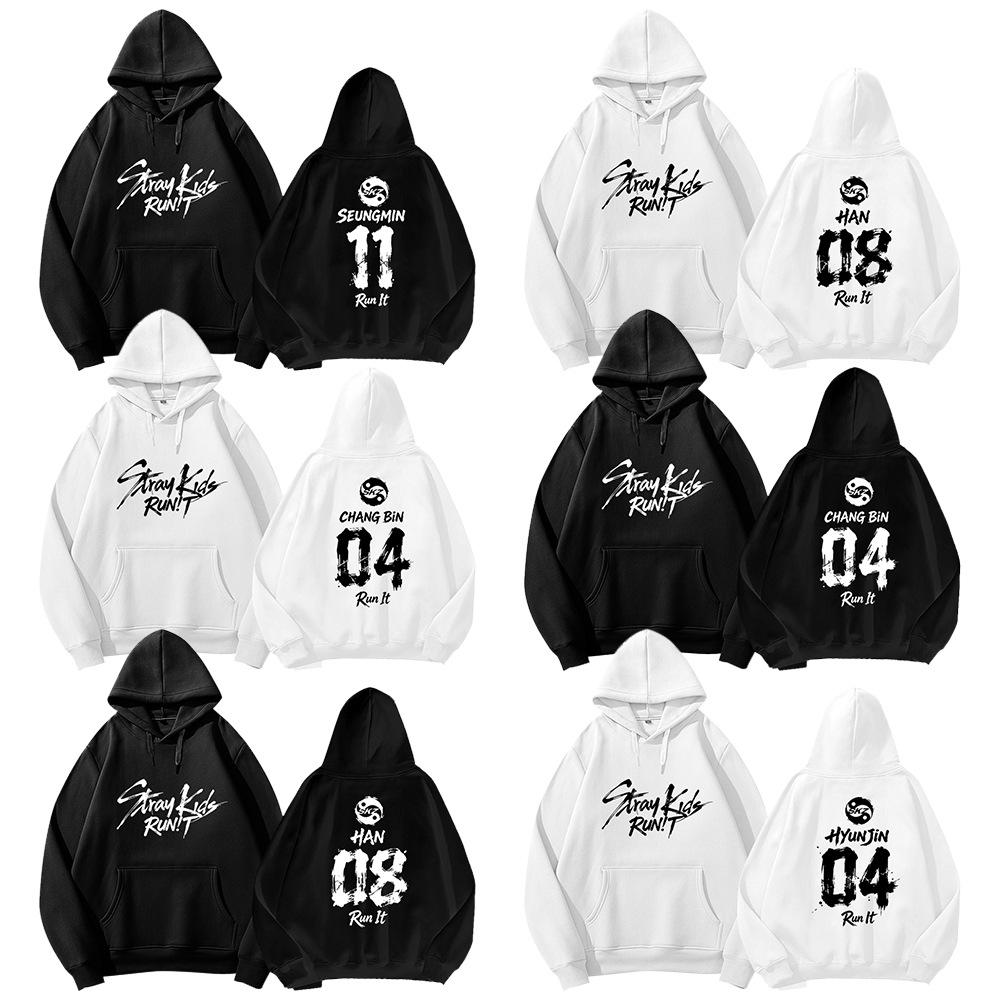 Stray Kids Run It Sweat à capuche Merch Kpop Unisexe Pull Décontracté Sweatshirt Nom du Membre Manches Longues Streetwear Top (Style polaire pour l'automne et l'hiver)