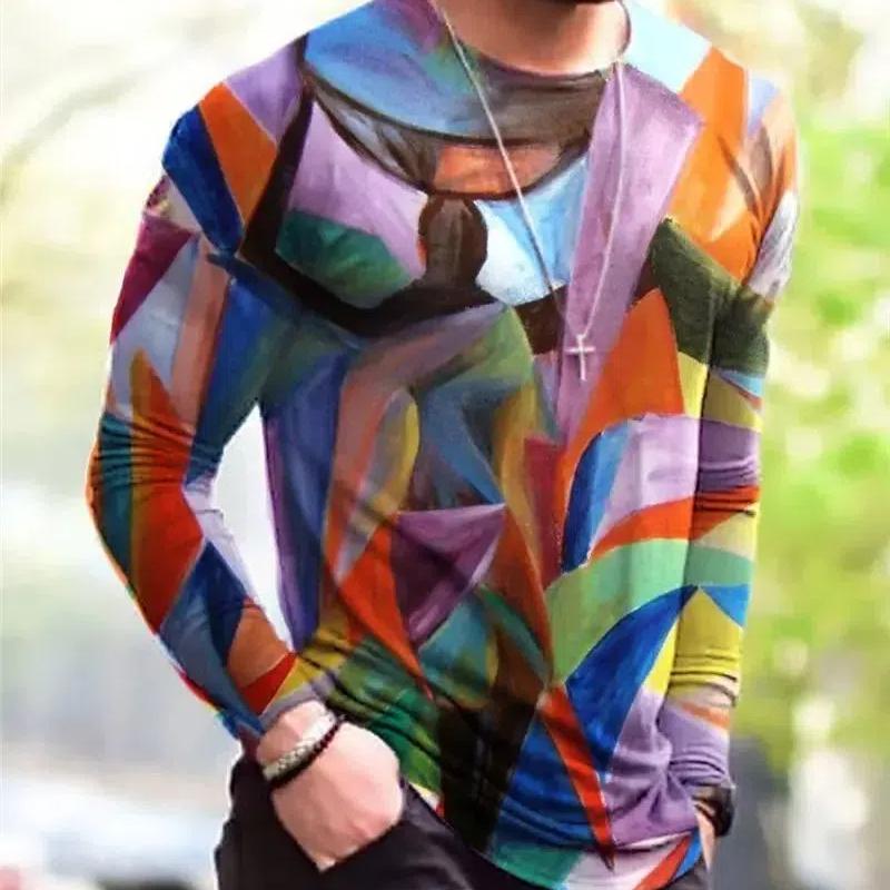 Men Spring And Fall Fashion Classic Street Casual 3d Printing O Collar Long Sleeve Loose Personality T-Shirt Plus Size Top