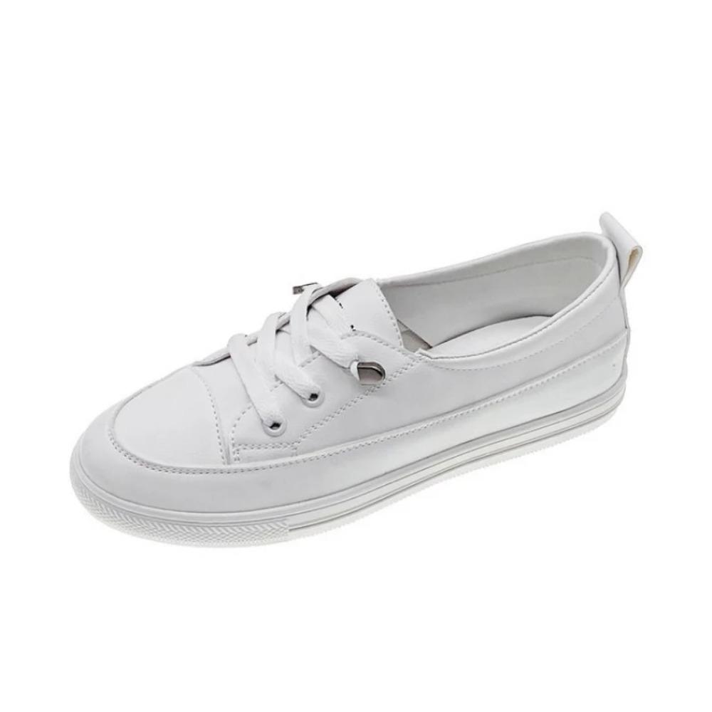 Ladies new autumn white shoes Fashion leather casual single footwear Solidcolor laceup flat Comfortable light women's board shoe