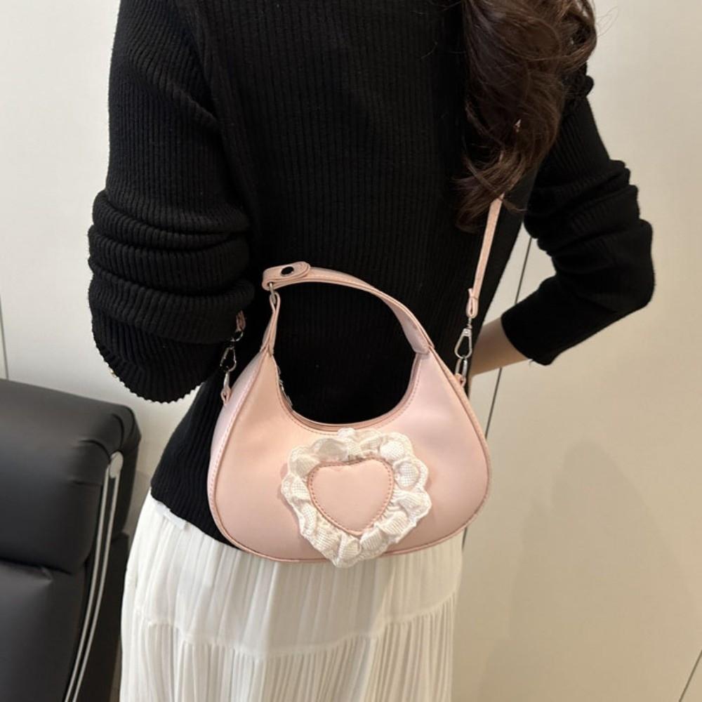 Casual Solid Color Love Heart Crossbody Bag Korean Style PU Leather Women Underarm Bag Handbag All-match Crescent Bag Women