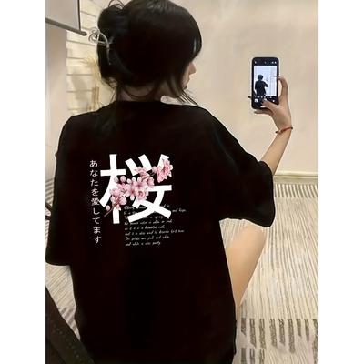 Womens Oversized Tee White Bold Letter Cherry Blossom Print Round Neck Short Sleeve Breathable Loose Fit Casual Streetwear Summer Everyday Top
