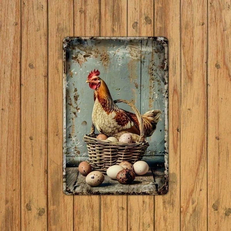 ROSTOFARM Vintage Metall Wandschild 8x12 Zoll Bauernhaus Dekor Rustikales Hühner Eier Design Bemalte Eisenplakette für Veranda Garten Kitc