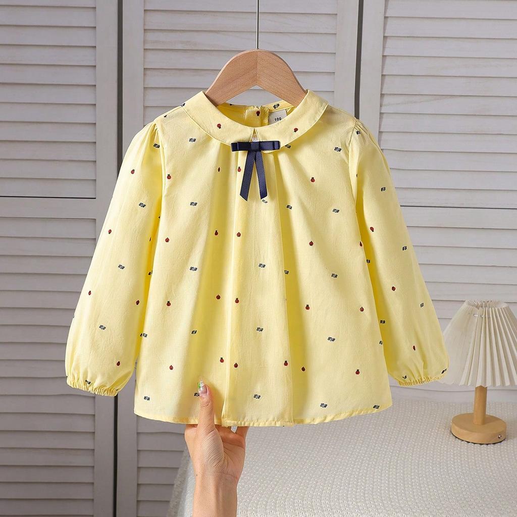 Girls White Shirt 100% Cotton Long Sleeve Top Peter Pan Collar Blouse with Bow Decor Casual School Shirt for Kids 2-8 Years