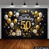 2D Flat Black Gold 50th Birthday Backdrop Gold Stars Pattern Black Gold Balloons Gift Box No Power Required For 50th Birthday Party Indoor