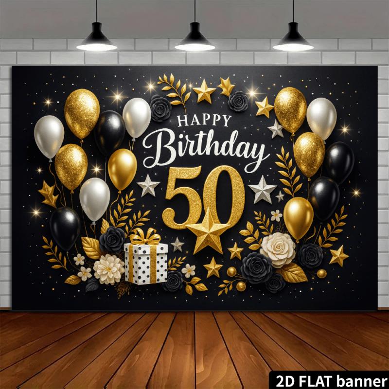 2D Flat Black Gold 50th Birthday Backdrop Gold Stars Pattern Black Gold Balloons Gift Box No Power Required For 50th Birthday Party Indoor