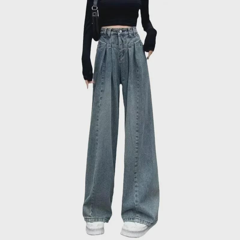 2024 High-Waist Distressed Velvet Straight-Leg Jeans - Retro, Slimming, Wide-Leg, Floor-Length.