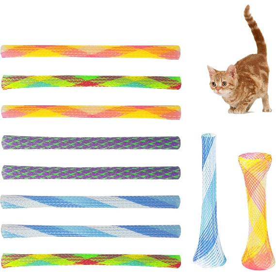 Andiker 10pcs Cat Tube Toy, 5.1inch Nylon Mesh Telescopic Folding Plastic Cat Spring Toy, Stylish Multi-Colored Cat Chew Toy, Interactive Cat Toys