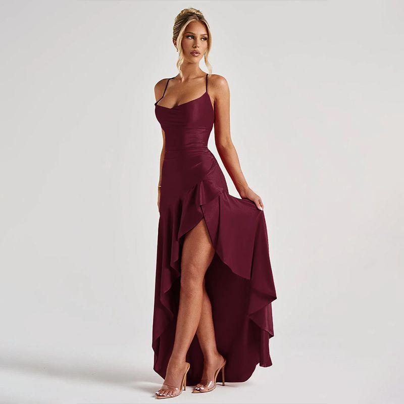 

Xiaoke Wiwi European and American Sexy Sling Backless Bandage Split Frill Dress Banquet Birthday Party dress Burgundy L