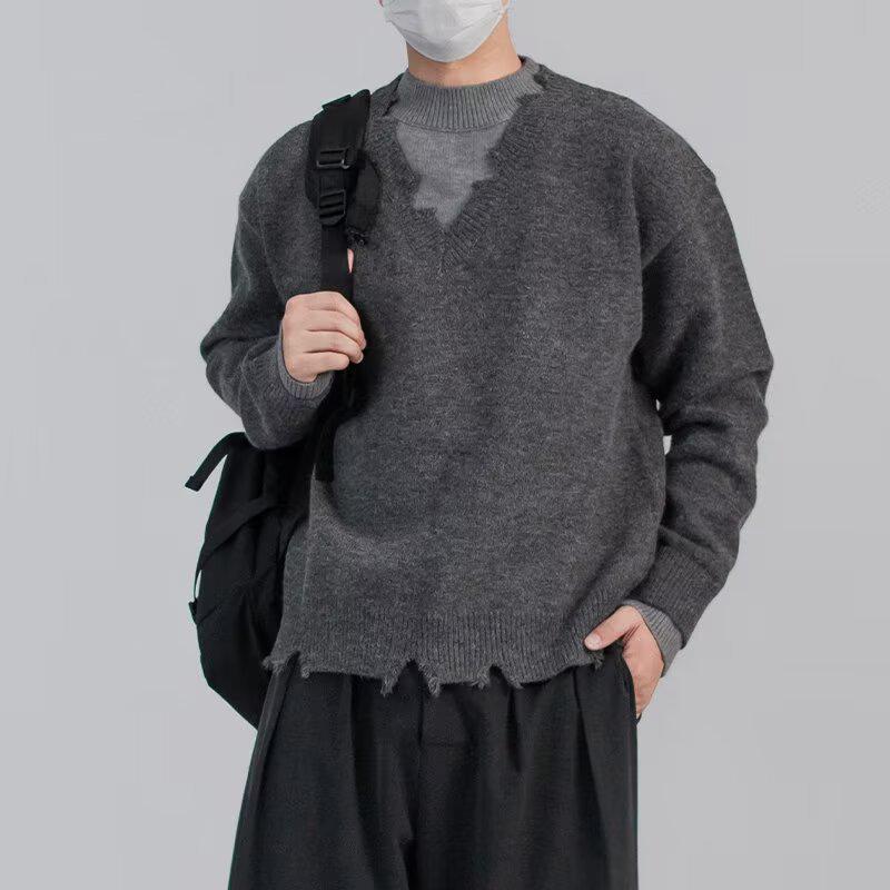 

Men s Casual Knit Sweater Coat: Trendy Frayed Faux Two-Piece Design for Autumn/Winter, American Brand, Lazy Style. XL сірий колір