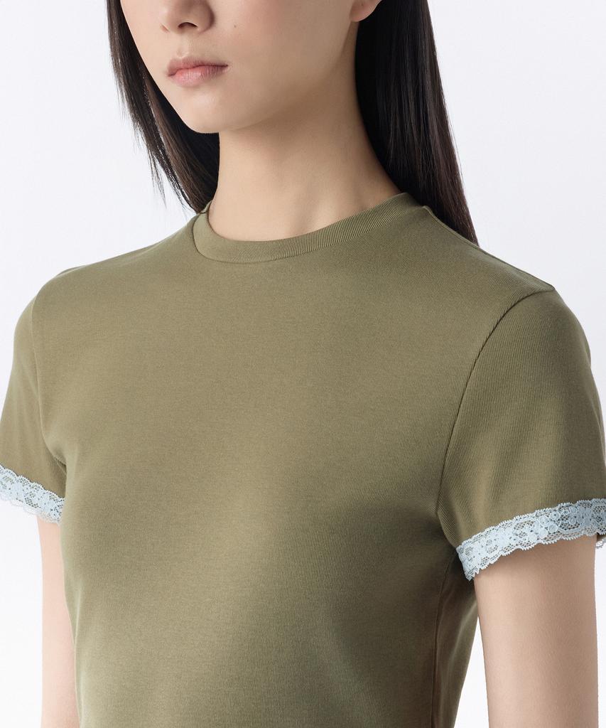 MUSINSA STANDARD WOMAN Women'S Slim Lace Trim T-Shirt [Khaki/Pastel Blue]