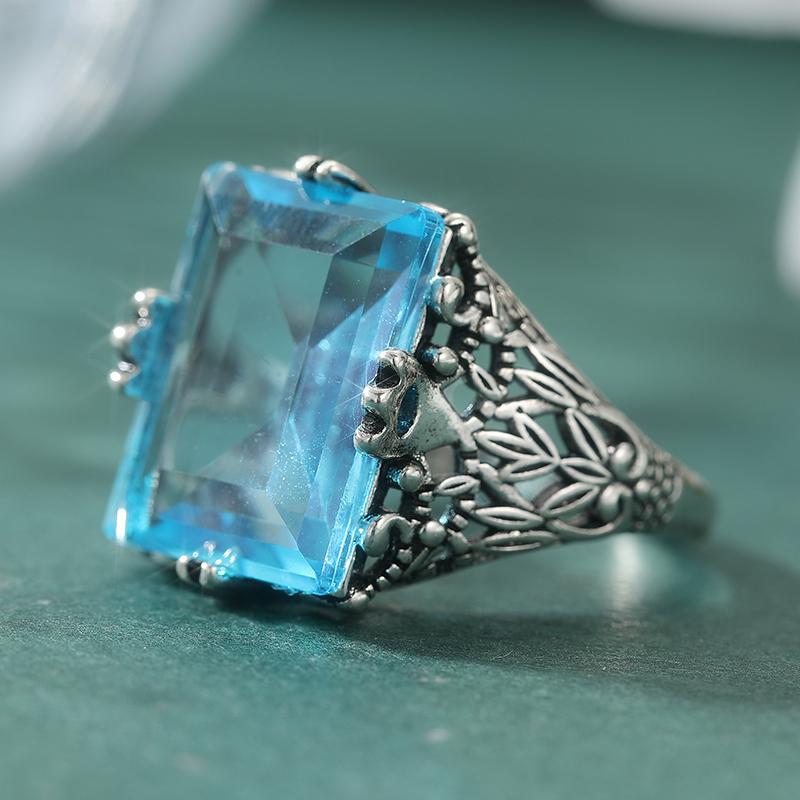 Dazzling Inlaid Sea Blue CZ Women's Ring Sparkling CopperColor Hand Carving Daily Wear Party Jewelry Anniversary Gift