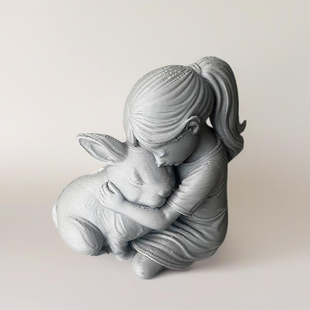 Cute Girl and Rabbit Sculpture 3D Printed Desktop Dog Figurine Home Decoration серый