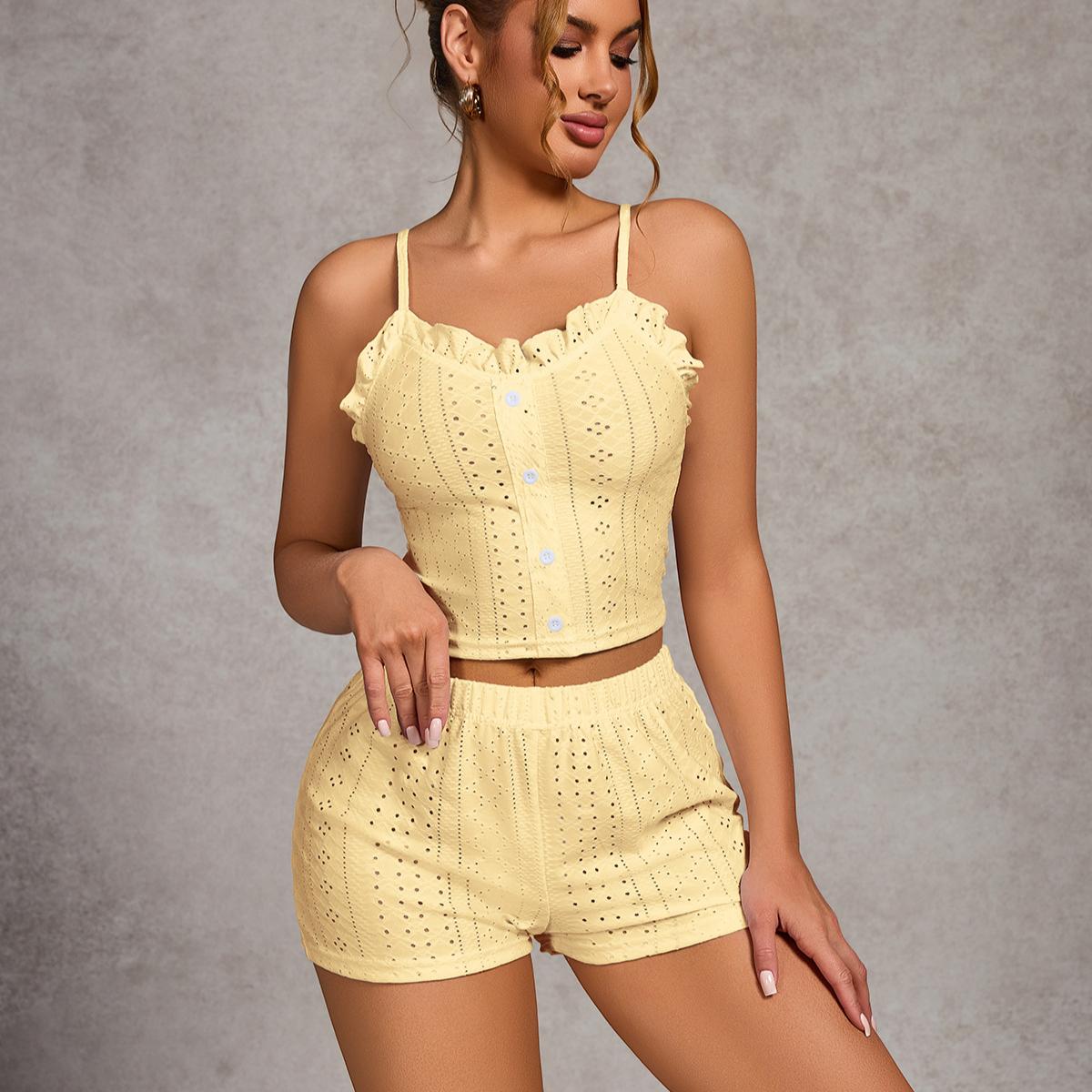 

Summer Solid Lace Pajamas Set for Women Homewear Lotus Leaf Edge Pijamas Sexy Sling Crop Tops and Shorts 2 Pieces Suit Sleepwear XL