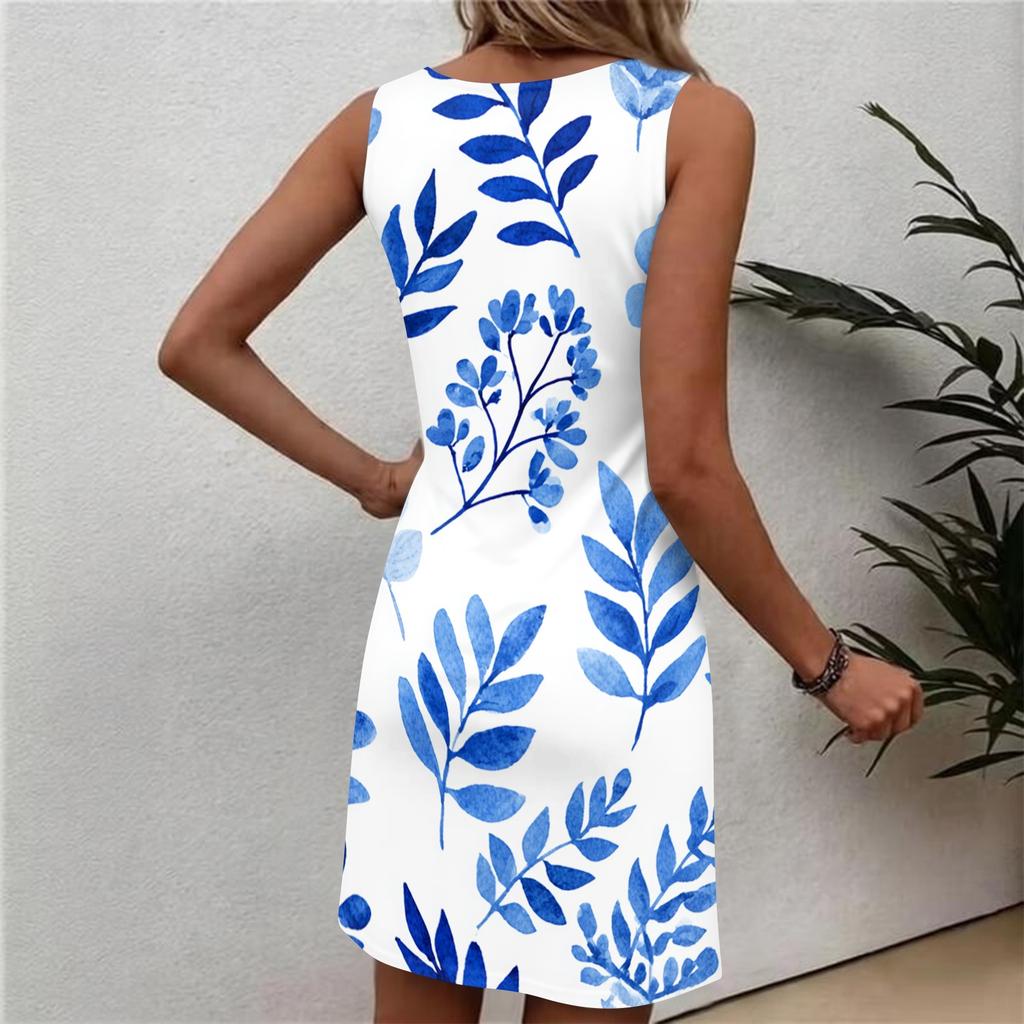 Women's Sleeveless Floral Print Dress Casual Round Neck Summer Beachwear Lightweight Comfortable Fit Mini Dress