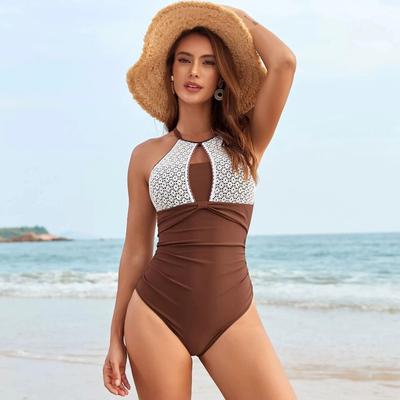 Vintage Coffee Lace Patchwork One Piece Swimsuit 2026 Women Pleate Slim Tummy Control Swimwear Large Size Beach Bathing Suits