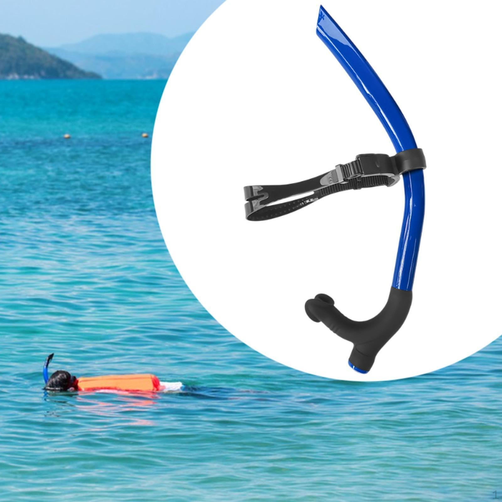 

Трубка для обучения плаванию с передним центральным креплением, силиконовым загубником и продувочным клапаном синий