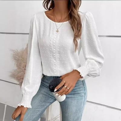 Women's Shirt Spring and Summer 2026 Round Neck Lace Casual Loose Women's Blouses Puff Sleeve Tops Vintage Elegant Solid Color Office Ladies Shirts