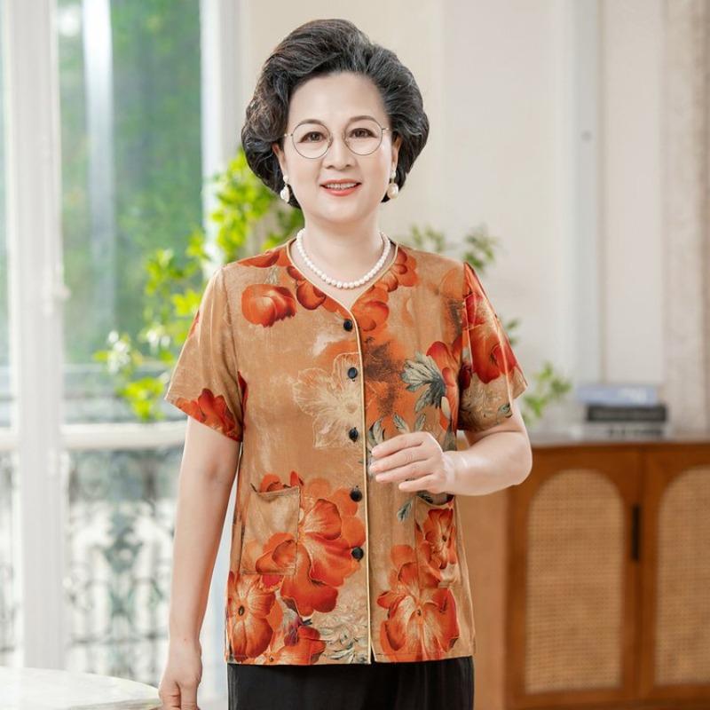 Women's Summer Floral Print Blouses for Elderly Short Sleeve Button-Down Casual Tops