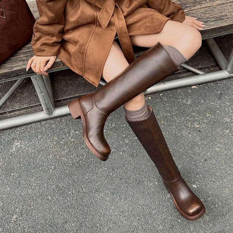 New women's leather Martin boots solid color thick-soled non-slip cowhide high boots medium heel large size women's boots sleeve leather boots