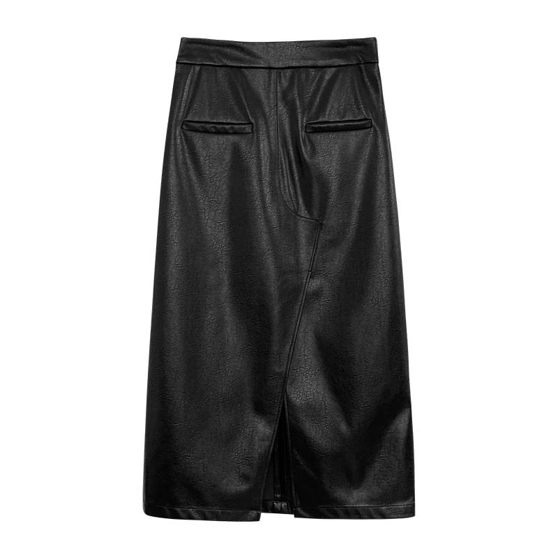 Womens High Waist Split Hem Midi PU Leather Skirt S чёрный