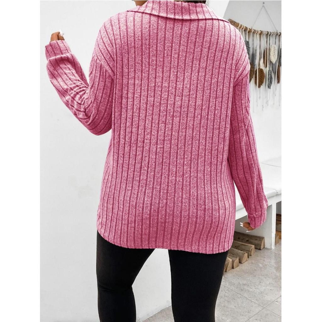 Top de Toamnă și Iarnă Culoare Solidă Mărimi Mari pentru Femei Decolteu în V Mâneci Lungi Tricou Periat cu Dungi Tip Pit Cămașă Largă