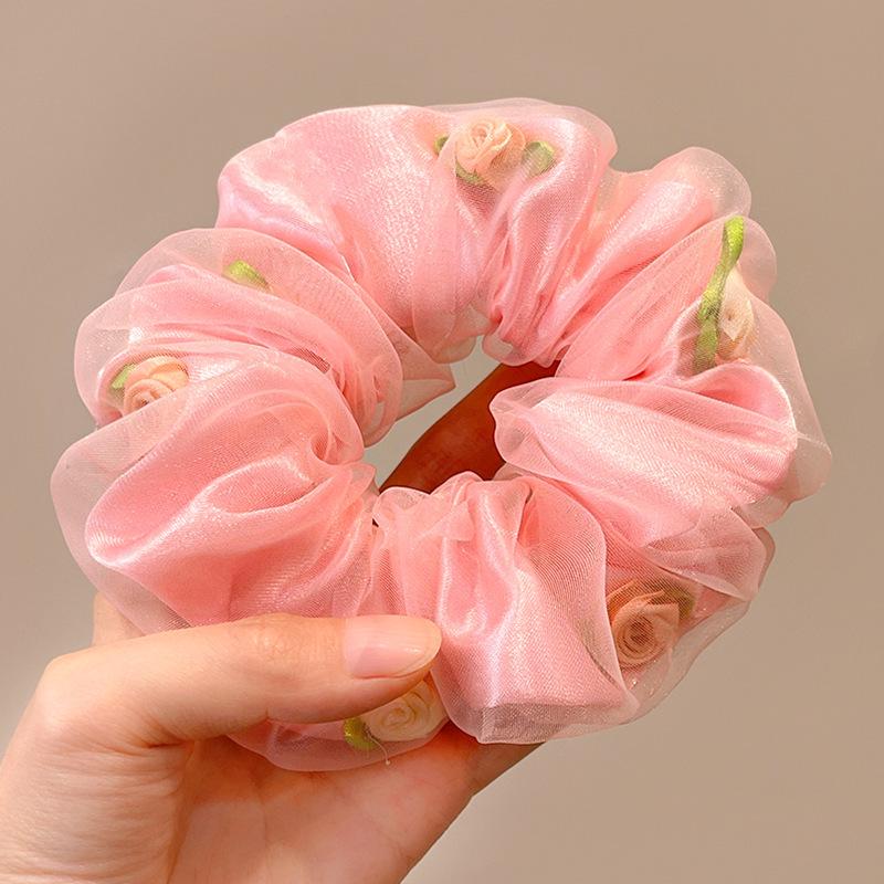 Chouchou d'été en satin et tulle à pois violets - Élastique à cheveux pour femme à haute élasticité
