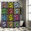 Colorful Shower Curtain With Tiled Design Black Background Pink Purple Green Yellow Blue Red White Orange Lines And Symbols Home