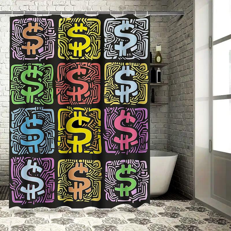 Colorful Shower Curtain With Tiled Design Black Background Pink Purple Green Yellow Blue Red White Orange Lines And Symbols Home