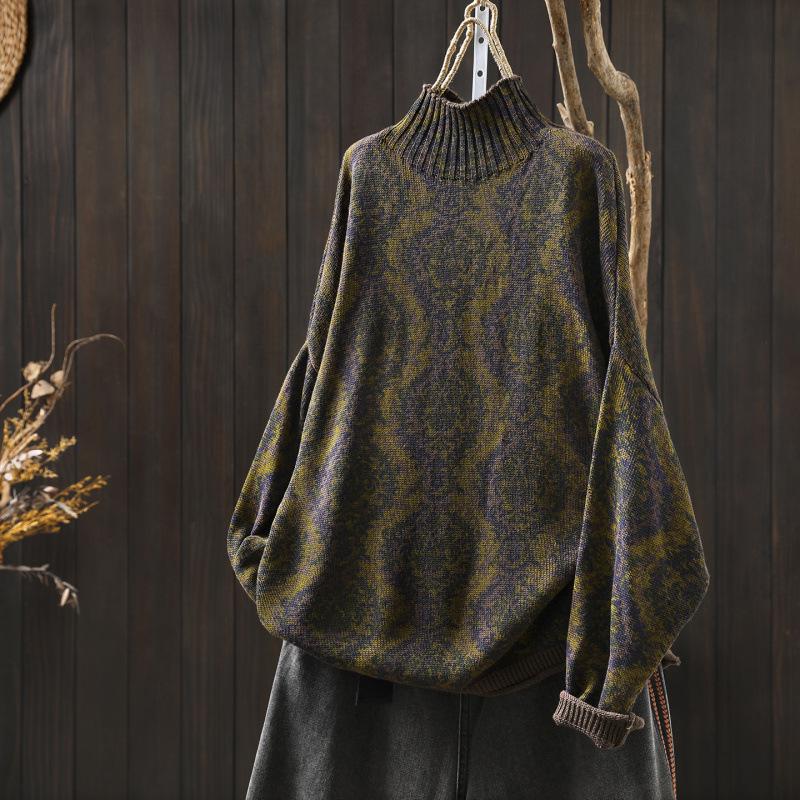 Vintage Ethno-Print Damen Halbhoher Kragen Übergröße Locker Gestrickter Pullover für Herbst/Winter