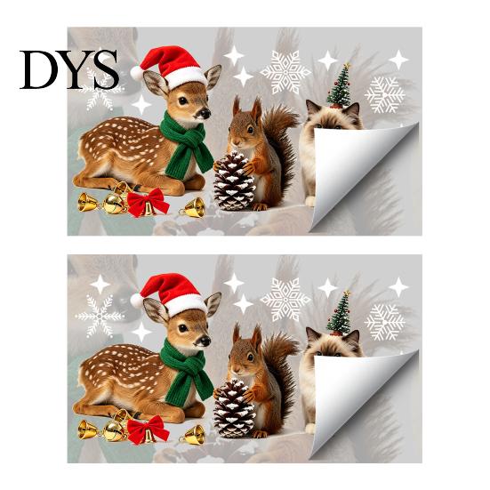 Holiday Glass Decals Christmas Static Window Stickers with Cute Reindeer Squirrel Cat Design, Removable Clings, Easy Apply Clings Waterproof
