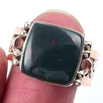 Natürlicher Blutstein Edelstein Handarbeit 925 Sterling Silber Zweifarbig Ring S.9 t2D70