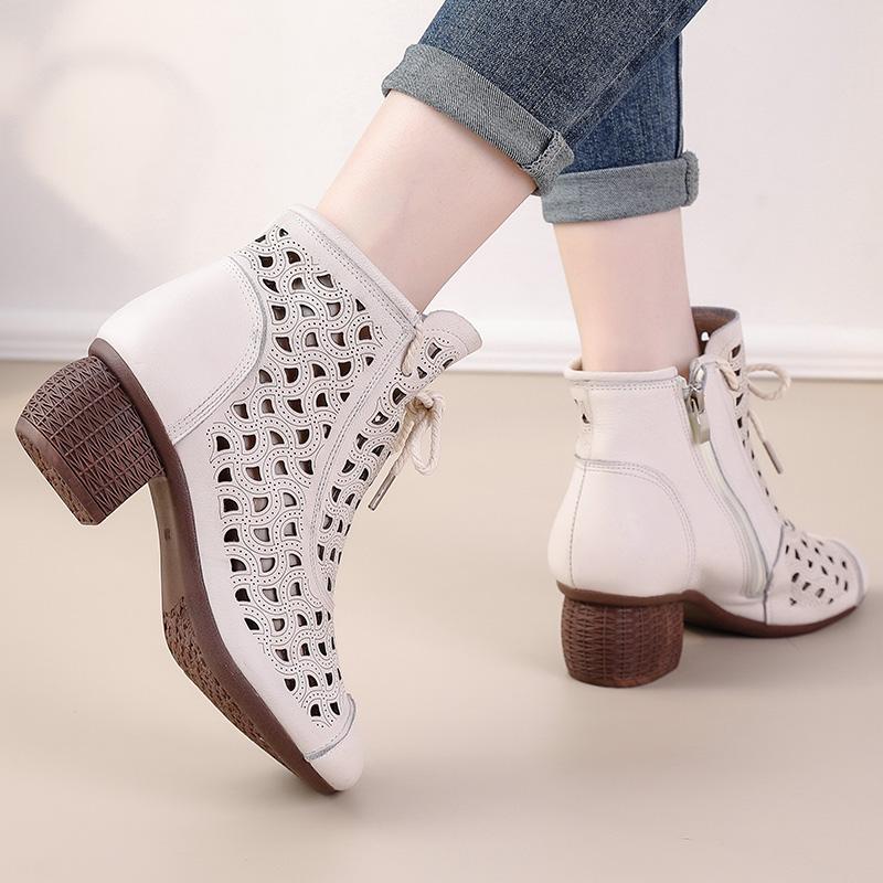 Fashion GKTINOO 2025 Summer Ankle Boots Genuine Leather Shoes Women Mid Heels Sandals Side Zip Boots Cutout Breathable Mujer Zapatos