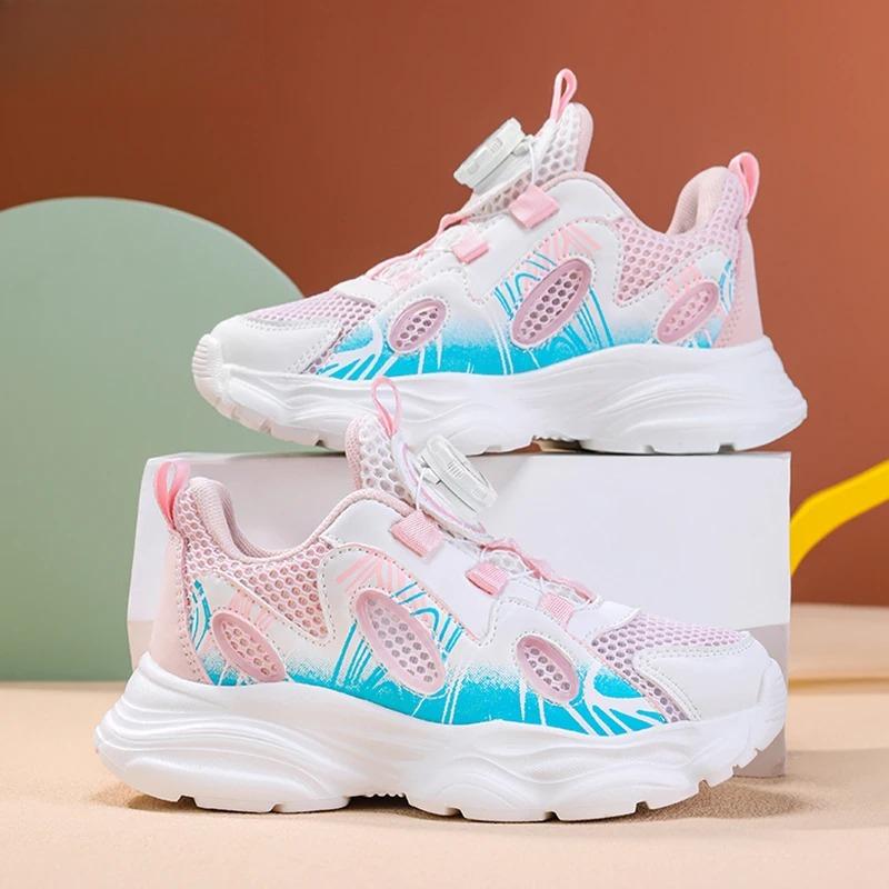 Summer Breathable Children’s Casual Shoes for Girls Rotating Button Sports Running Shoes Outdoor Fashion Flat Walking Sneakers