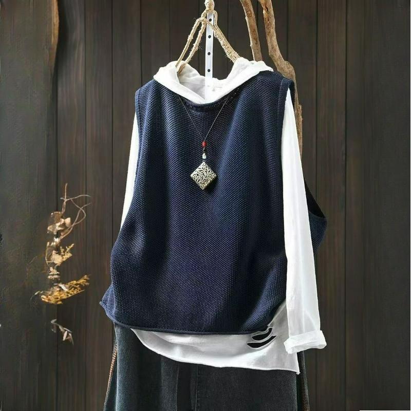 Frühling Retro Lässig Rundhals Pullover Gestrickte Baumwollweste Damen Locker Übergröße