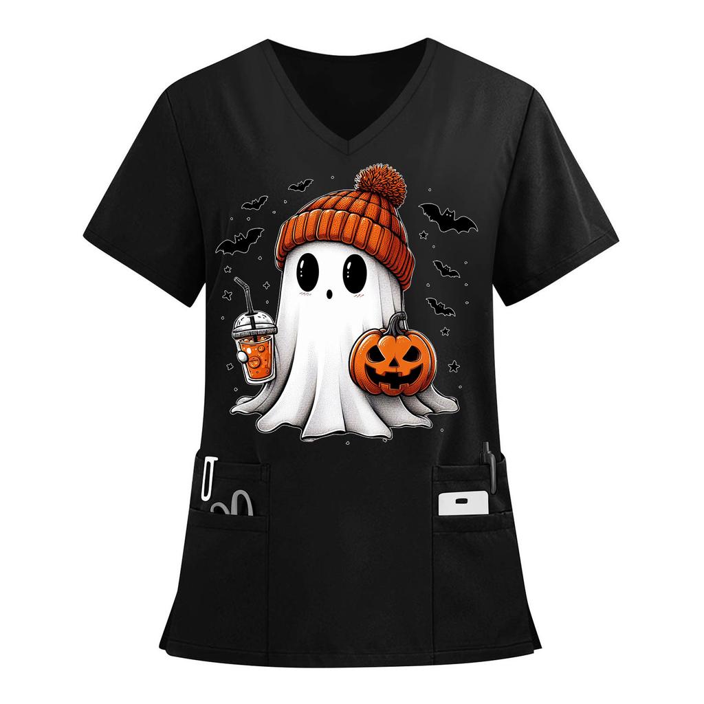 Damen V-Ausschnitt Halloween Bedruckt Kurzarm Taschen Seitenschlitz Schutzanzug Oberteil