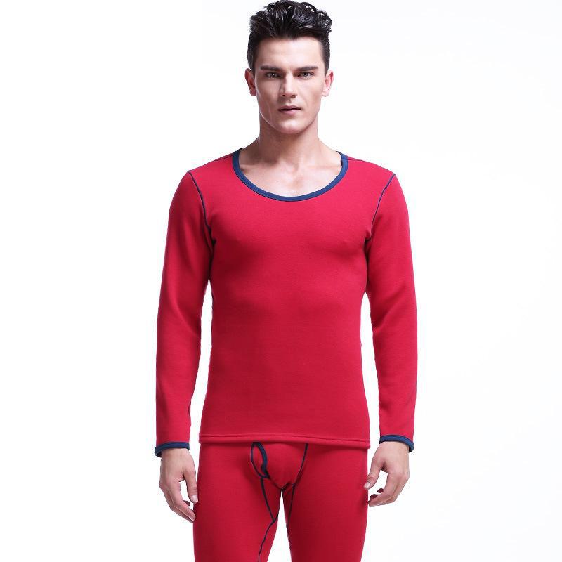 Thermounterwäsche-Set für Herren: Rundhals, V-Ausschnitt, Samtgefüttert, Kältefest, Herbst/Winter Baumwollpullover und Hose.