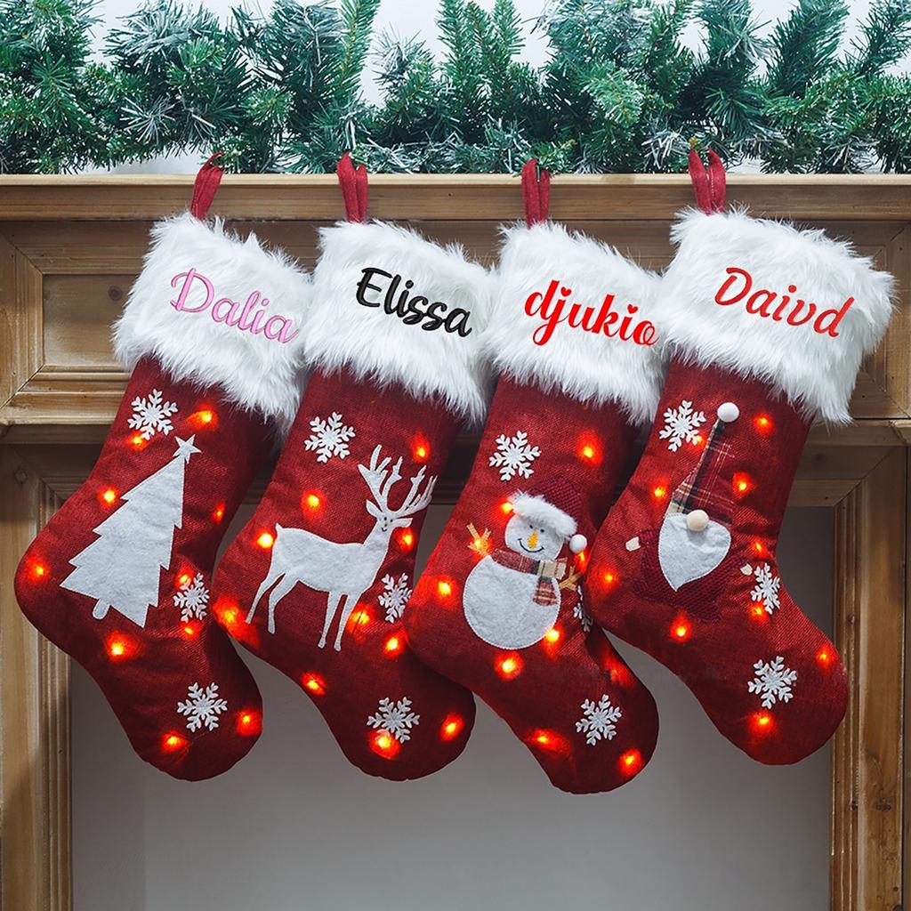Personalized Custom Embroidered Christmas Decorations With Lights Linen Night Light Christmas Stockings Glowing Christmas Stockings Gifts