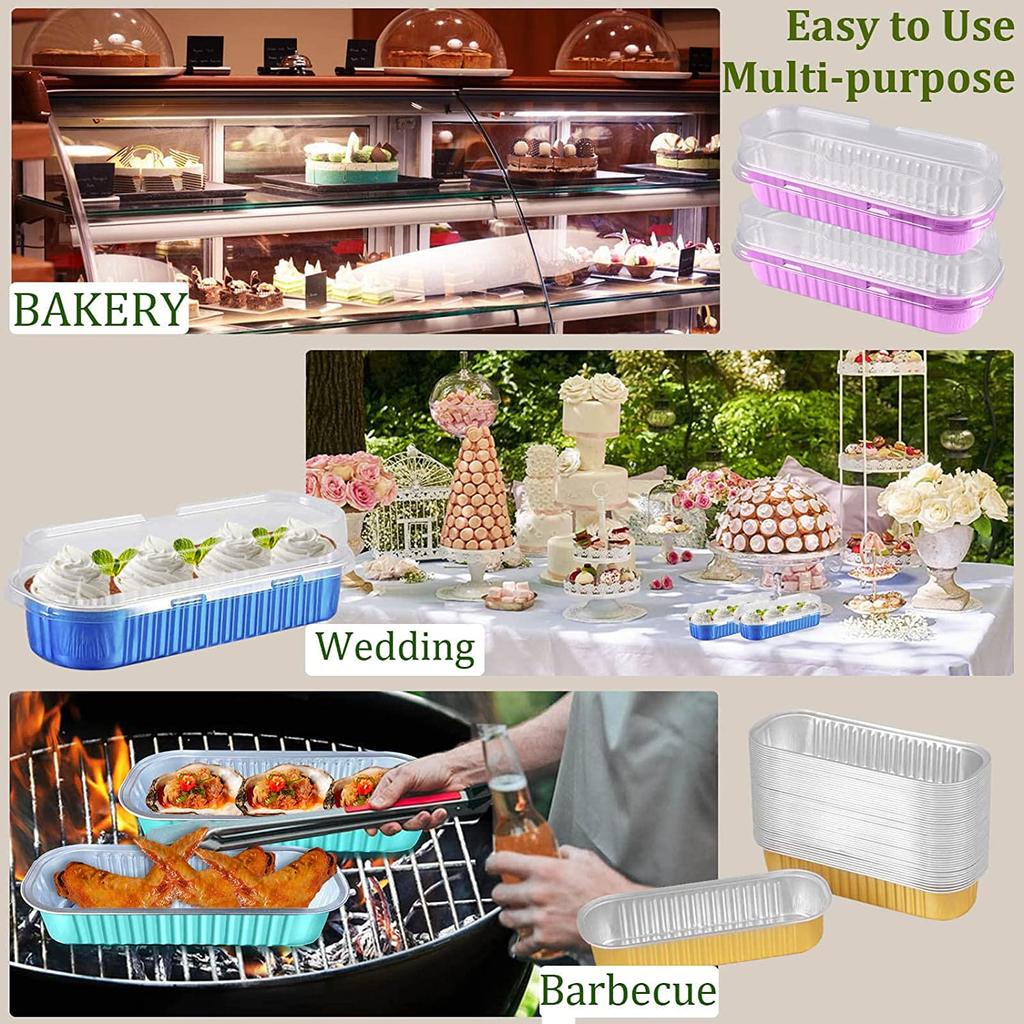 50Pcs Rectangular Baking Cups with Lids 200ml Aluminum Foil Ramekins Pan Dessert Cupcake Containers Wrappers for Party Wedding